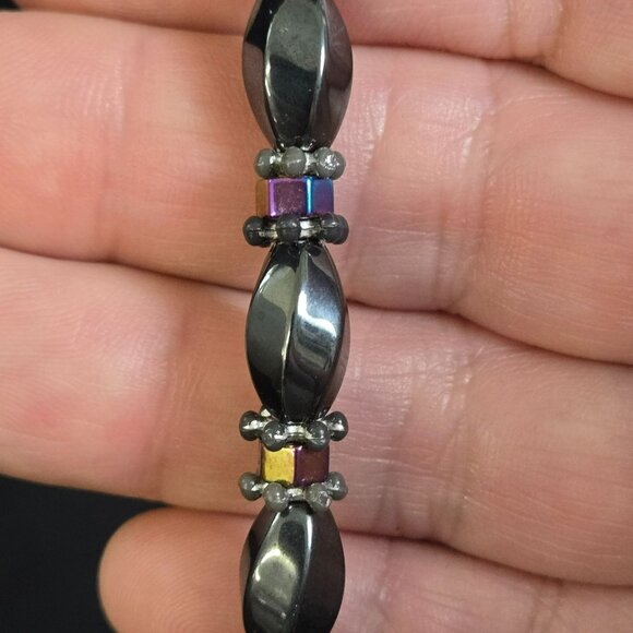 Magnetic Hematite Bracelet Rainbow Cube Accents Silver Tone Stretch 7" - Picture 3 of 7